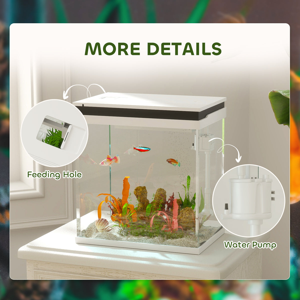 PawHut 14L Glass Fish Tank With Filter System, LED Lights, Water Pump, White