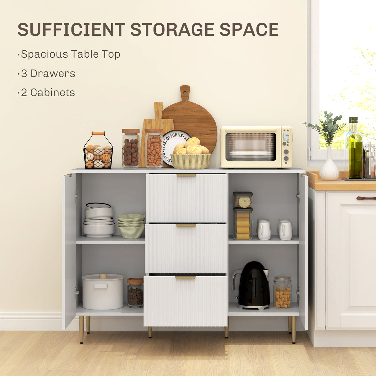 HOMCOM 2-Door Sideboard with 3 Drawers and Adjustable Shelves - White