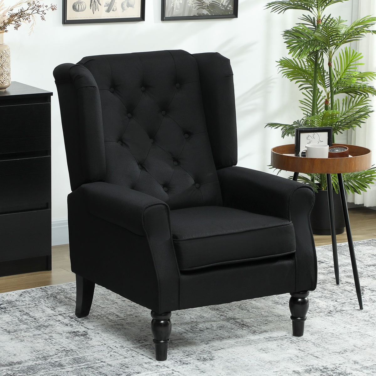 HOMCOM Wingback Accent Chair, Faux Linen Armchair with Thick Spring Cushion, High Back, Solid Wood Legs, Retro Button Tufted Reading Chair for Living Room, Bedroom, Black