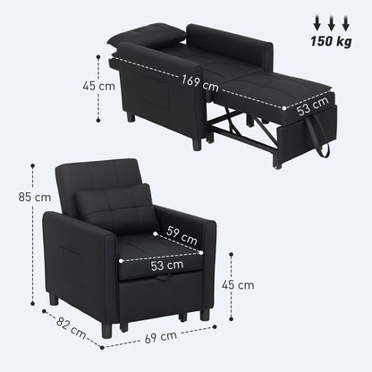 HOMCOM 3-In-1 Linen-Look Single Chair Bed with 11cm Thick Adjustable Back & Eucalyptus Wood Sofa Frame - Black
