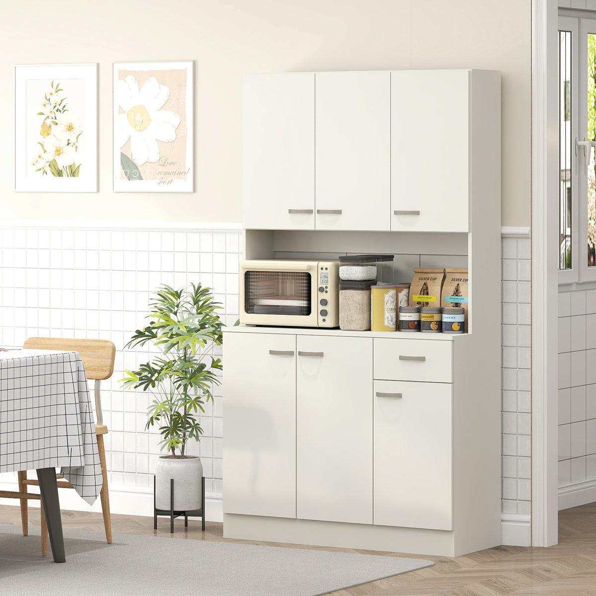 HOMCOM Freestanding Kitchen Pantry Storage Cabinet with Adjustable Shelves & Middle Worktop - White