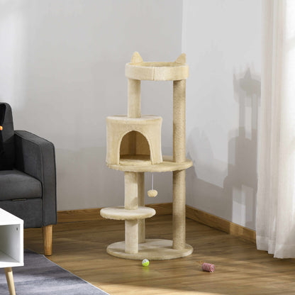 PawHut 104 cm Cat Tree, Cat Condo Tree Tower, Cat Activity Centre with Scratching Posts, Plush Perches, Hanging Ball - Cream White