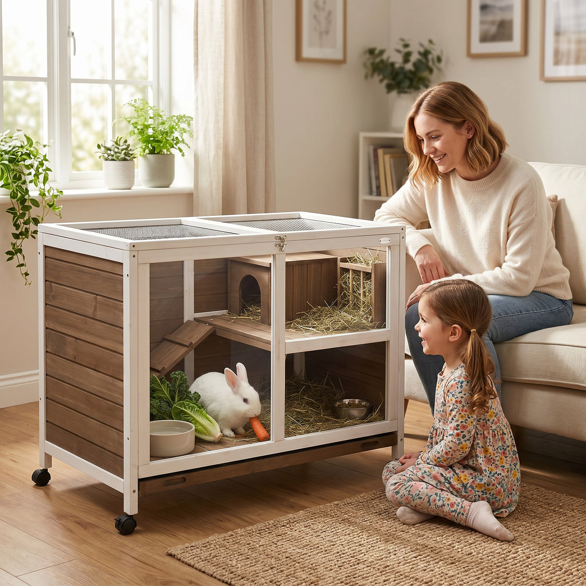 PawHut Wooden Rabbit Hutch, Bunny Cage w/ Tray, Ramp, Openable Roof, Wheels, 91.5 x 53.3 x 73cm - Brown