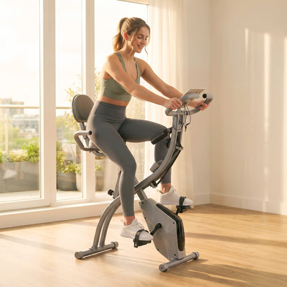 HOMCOM 2-in-1 Folding Exercise Bike with 8-Level Magnetic Resistance, Arm Resistance Band, Pulse Sensor, Grey