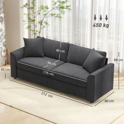 HOMCOM 3 Seater Sofa, 212cm Corduroy Couch with Spring Cushion, Wide and Deep Seat, Plush Backrest, 2 Pillows, Sofa Settee for Living Room, Home Office, Grey