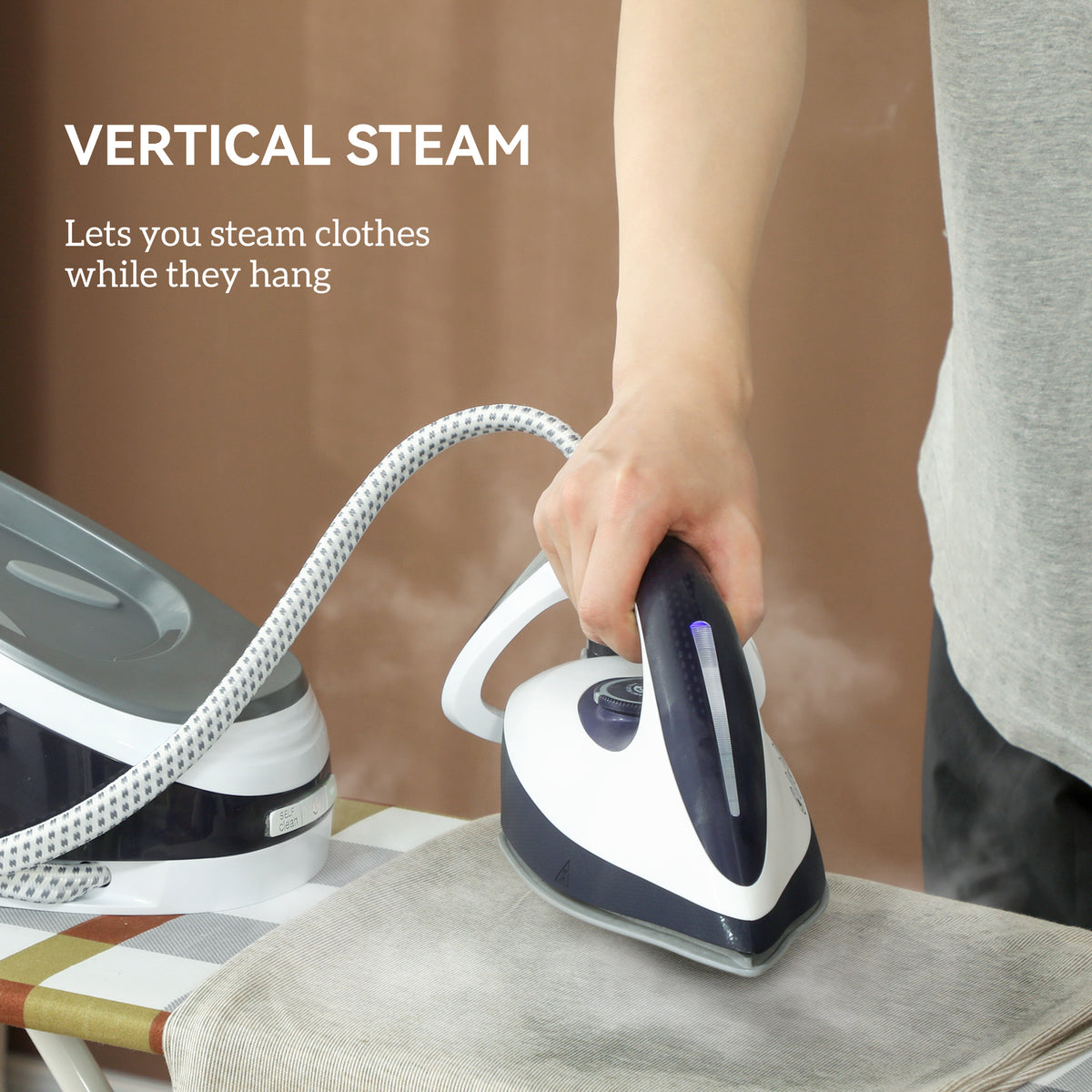 HOMCOM Steam Generator Iron, Energy-Saving, Self-Cleaning, Powerful Vertical Steam, Automatic Shut-Off, Ceramic Non-stick Soleplate, Large 1.5L Detachable Water Tank, 8 Bar, c, Blue