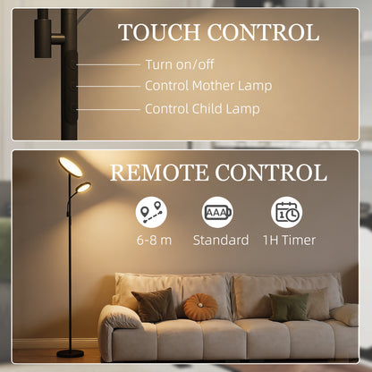HOMCOM LED Floor Lamp for Living Room, Stepless Dimmable Standing Lamp, Mother and Child Uplighter with Reading Light, 4 Scene Modes, 2700K-6500K Colour Temps, 4 Brightness Levels, Remote Control