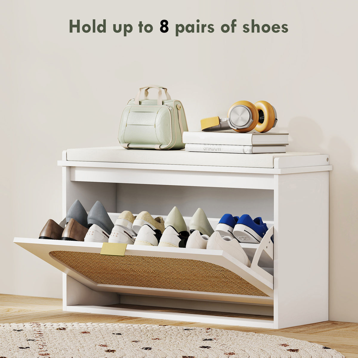 HOMCOM Boho Shoe Bench with Padded Seat and Flip-Drawer - White