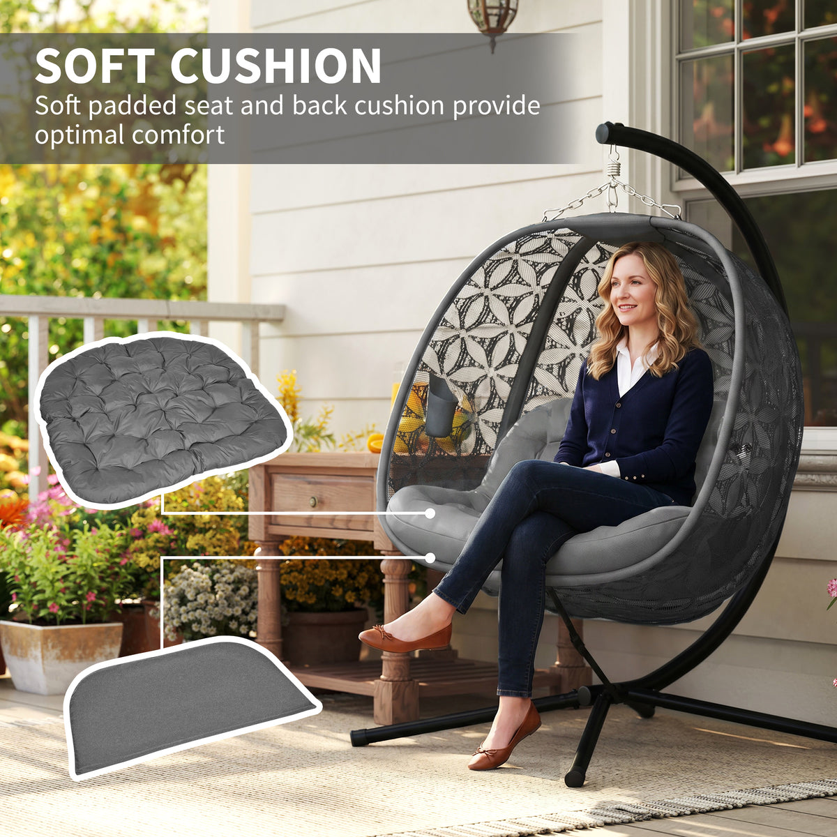 Outsunny Outdoor Double Hanging Chair with Cushion and Cup Holders, Charcoal Grey