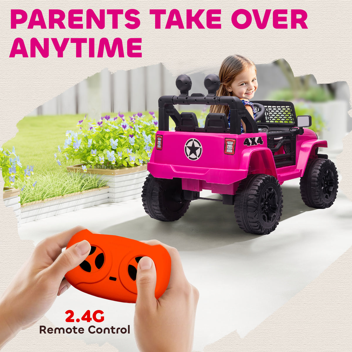 HOMCOM Kids Ride On Car, 12V Electric Cars for Kids with Parental Remote Control, 2 Motors, 4-Wheel Suspension, LED Lights, Horn, 3-5km/h, Battery Powered Ride On Toy for 3-6 Years Old Pink