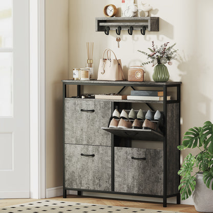 HOMCOM Shoe Storage Cabinet with 4 Flip Drawers and Open Shelf - Cement Grey