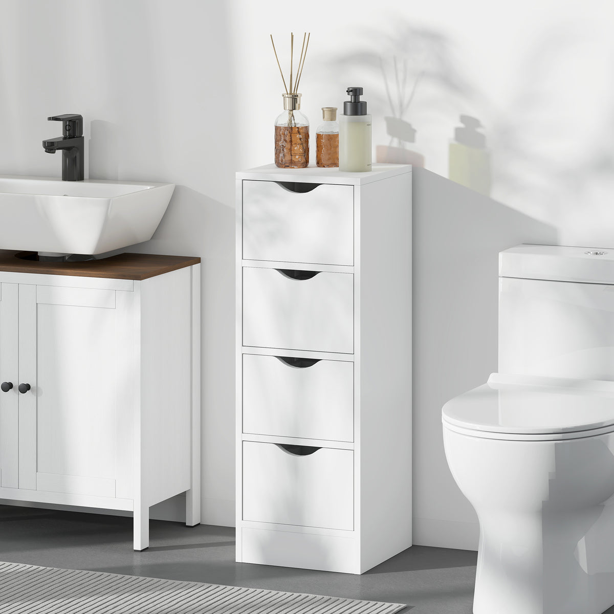 HOMCOM 4-Drawer Bathroom Cabinet, Freestanding Narrow Storage Cabinet with Groove Handles for Small Spaces, White
