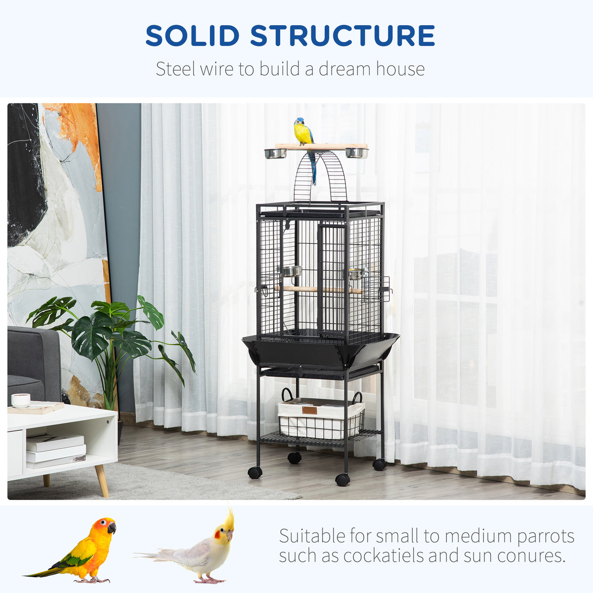 PawHut 156cm Bird Cage, Parrot Cage with Open Play Top, Perch, Seed Guard, Wheels, Storage Shelf, Dark Grey