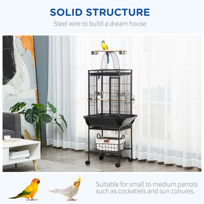 PawHut 156cm Bird Cage, Parrot Cage with Open Play Top, Perch, Seed Guard, Wheels, Storage Shelf, Dark Grey