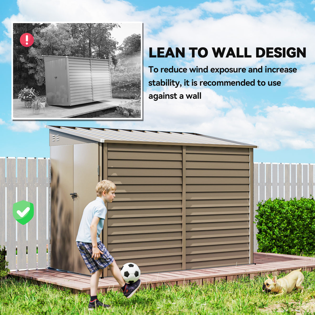 Outsunny 5 x 9ft Galvanised Metal Garden Shed with Foundation Kit, Outdoor Lean-to Shed, Tool Storage House for Garden, Brown