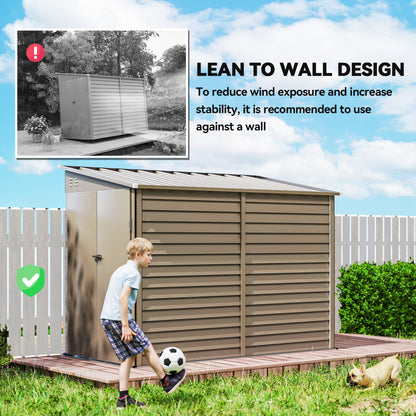 Outsunny 5 x 9ft Galvanised Metal Garden Shed with Foundation Kit, Outdoor Lean-to Shed, Tool Storage House for Garden, Brown