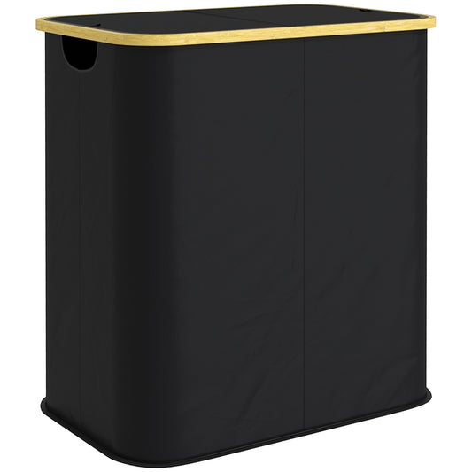 HOMCOM Double Laundry Basket With Lid, 80L Collapsible Laundry Hamper with Groove Handles, Washing Basket for Bathroom, Bedroom, Laundry Room, Black