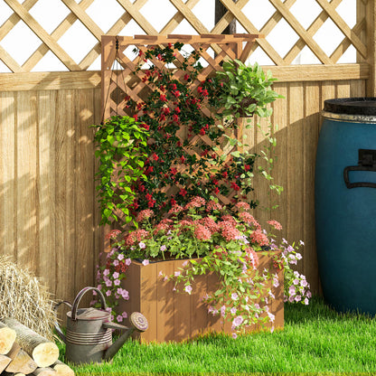 Outsunny Wooden Planter with Trellis, Freestanding Raised Garden Bed with Drainage Holes, Outdoor Planter Box with Liner for Vegetables, Herbs and Flowers, Natural