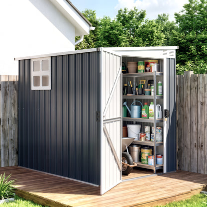 Outsunny 4 x 6ft Lean to Garden Metal Shed, Outdoor Storage Shed with Window, 2 Vents and Lockable Door for Patio, Dark Grey