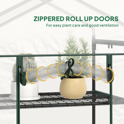 Outsunny 5 Tier Mini Greenhouse, Small Walk-in Greenhouse with Reinforced Plastic Cover, Garden Grow House with Roll Up Door and Shelves, 69 x 49 x 193cm, Green