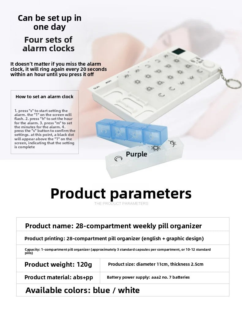 Intelligent Timed Reminder Medicine Box 28 Compartment Weekly Smart Pill Box with Sound Alarm for Elderly Medicine Reminder