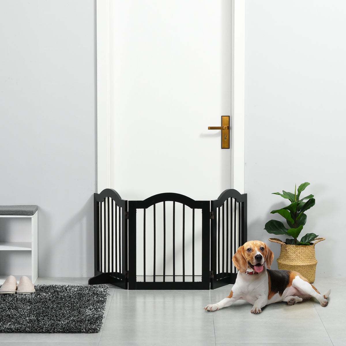 PawHut Freestanding Dog Gate Wooden Stair Gate for Dogs with Support Feet Foldable Pet Fence Safety Barrier for the House Doorway Stairs Black