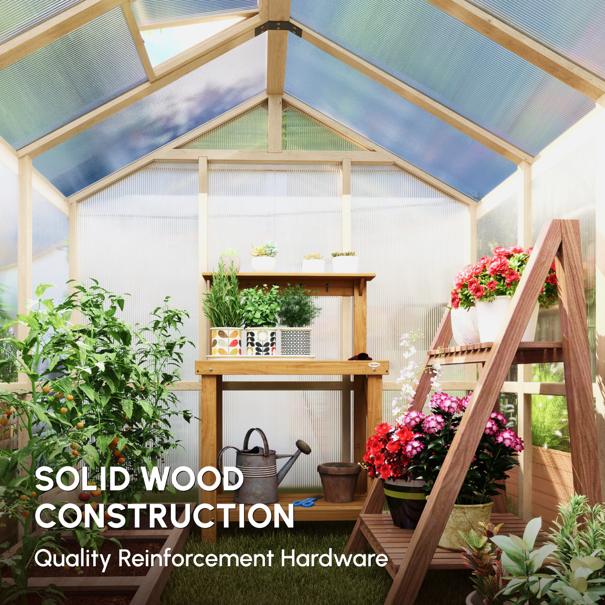 Outsunny 6.6 x 6ft Polycarbonate Greenhouse, Walk-in Wooden Greenhouse with Lockable Door and Window, Brown