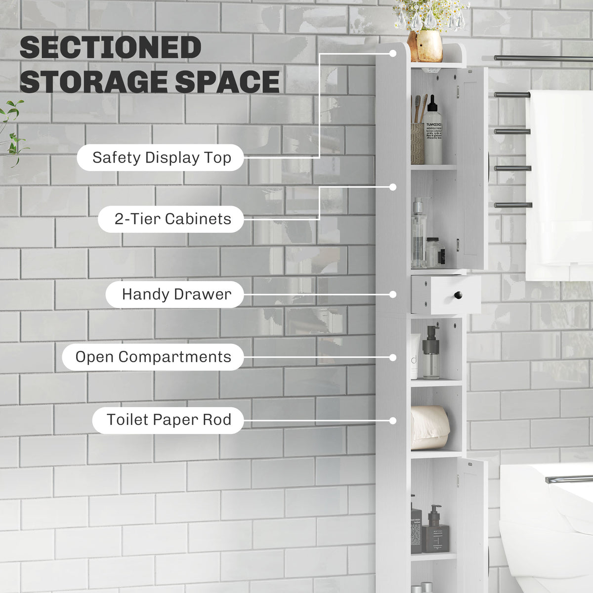 HOMCOM Tall Bathroom Cabinet, Farmhouse Slim Bathroom Storage Cabinet with Barn Doors, Toilet Paper Roll Holder, Drawer and Adjustable Shelves, Narrow Bathroom Storage Unit, 20 x 20 x 185cm, White