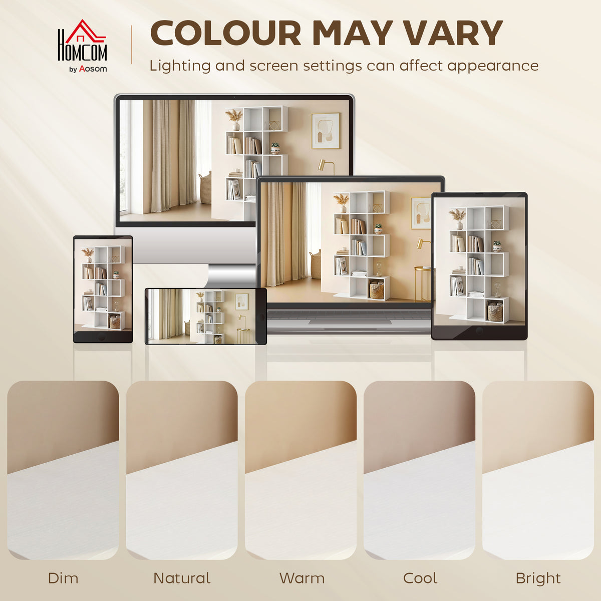 HOMCOM 5-Tier Bookshelf, S Shaped Geometric Bookcase with 15 Compartments, White Wood Effect
