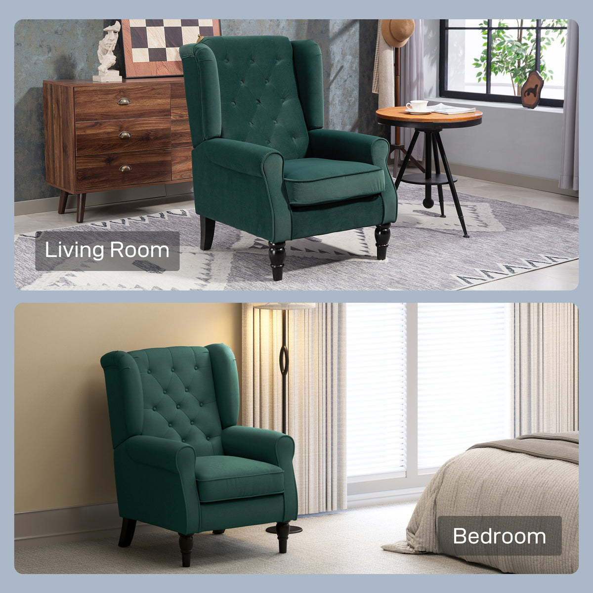 HOMCOM Wingback Accent Chair, Retro Upholstered Button Tufted Occasional Chair for Living Room and Bedroom, Green