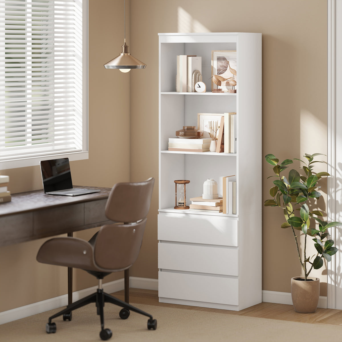 HOMCOM 180cm Tall Bookcase, with Shelves and Drawers - White