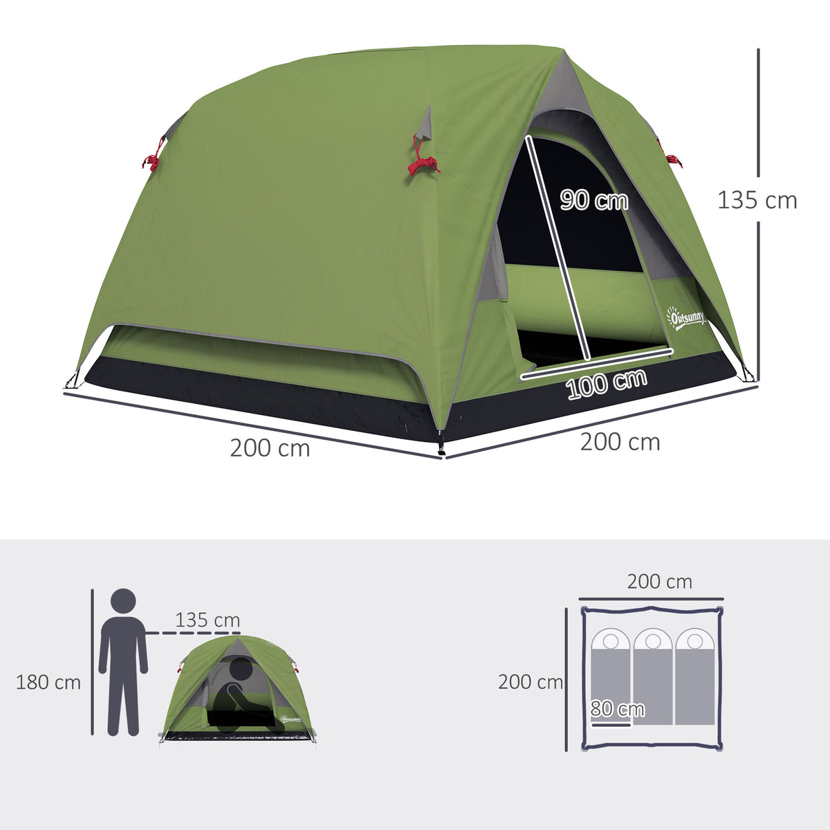 Outsunny Camping Tent, Easy Set Up 2-3 Man Tent with Sewn-in Groundsheet, 3000 mm Dome Tent w/ Mesh Windows, Olive Green and Grey