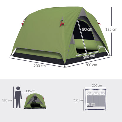 Outsunny Camping Tent, Easy Set Up 2-3 Man Tent with Sewn-in Groundsheet, 3000 mm Dome Tent w/ Mesh Windows, Olive Green and Grey
