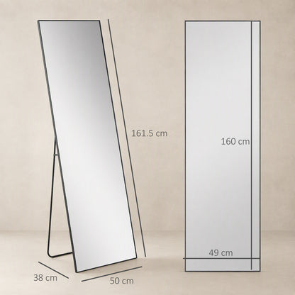 HOMCOM Full Length Mirror, Aluminium Alloy Framed Full Body Mirror with Tempered Glass, Standing or Wall Hanging, Black