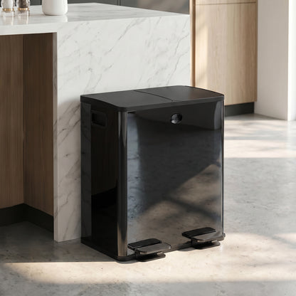 HOMCOM 40L Dual Compartment Stainless Steel Bin, with Deodoriser Holders - Black