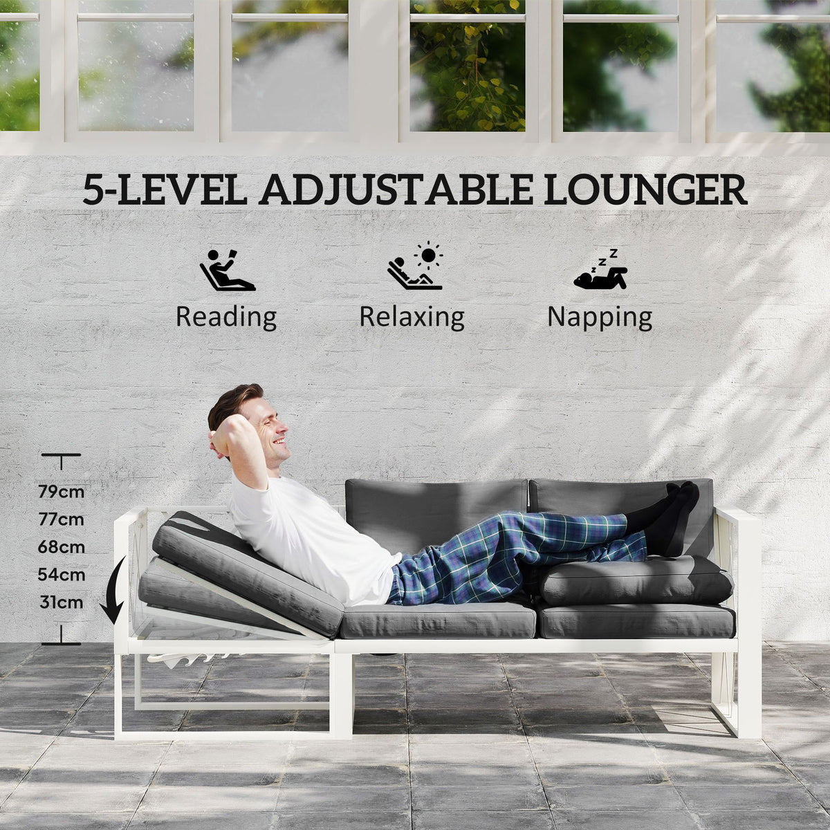 Outsunny Four-Piece L Shaped Garden Furniture Set with 5-Level Adjustable Lounger - Grey