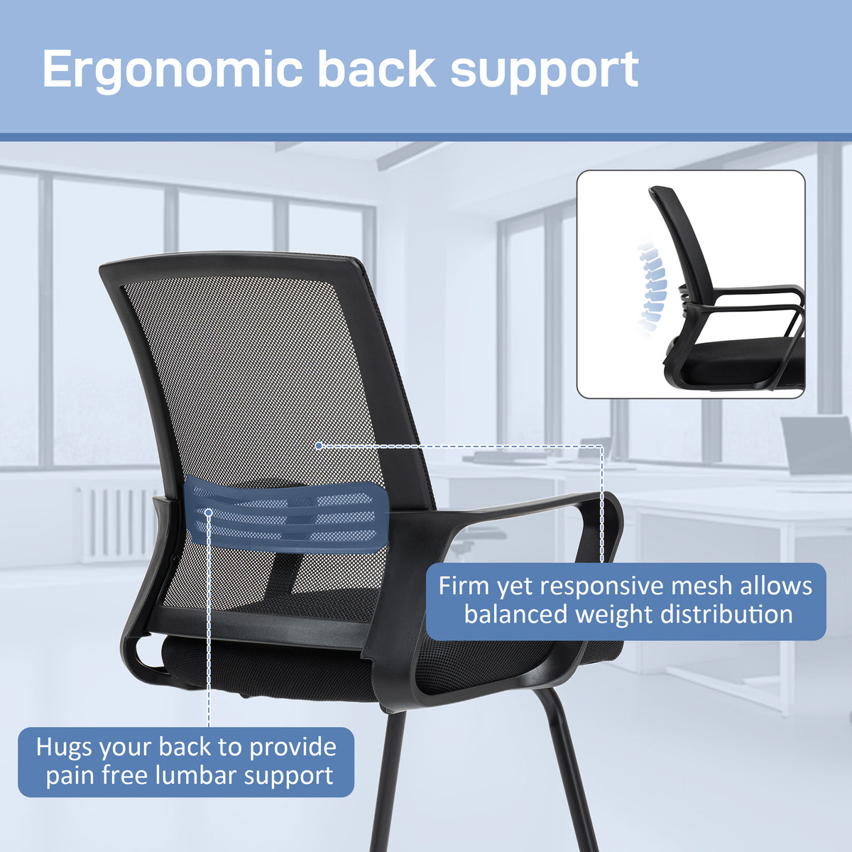 HOMCOM Ergonomic Desk Chair No Wheels, Padded Meeting Office Chair with Sled Base for Bedroom, Waiting, Reception, Black