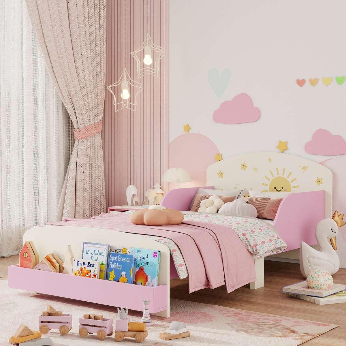 AIYAPLAY Toddler Bed with Storage, Guardrails, Sun Design, for Ages 3-8 Years, Fits 140 x 70cm Mattress,