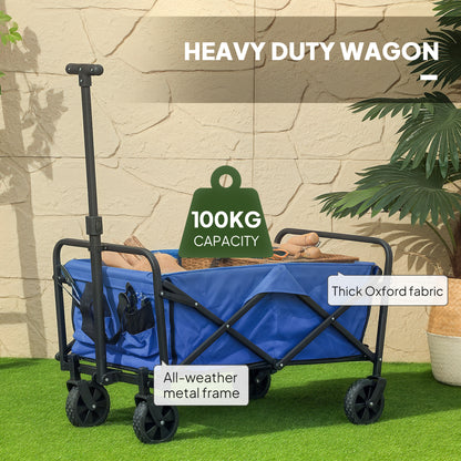 Outsunny 93L Festival Trolley on Wheels, Garden Folding Trolley Cart, 100kg Heavy Duty Collapsible Folding Wagon with Adjustable Handle and Carrying Bag for Beach, Camping, Festival, Blue