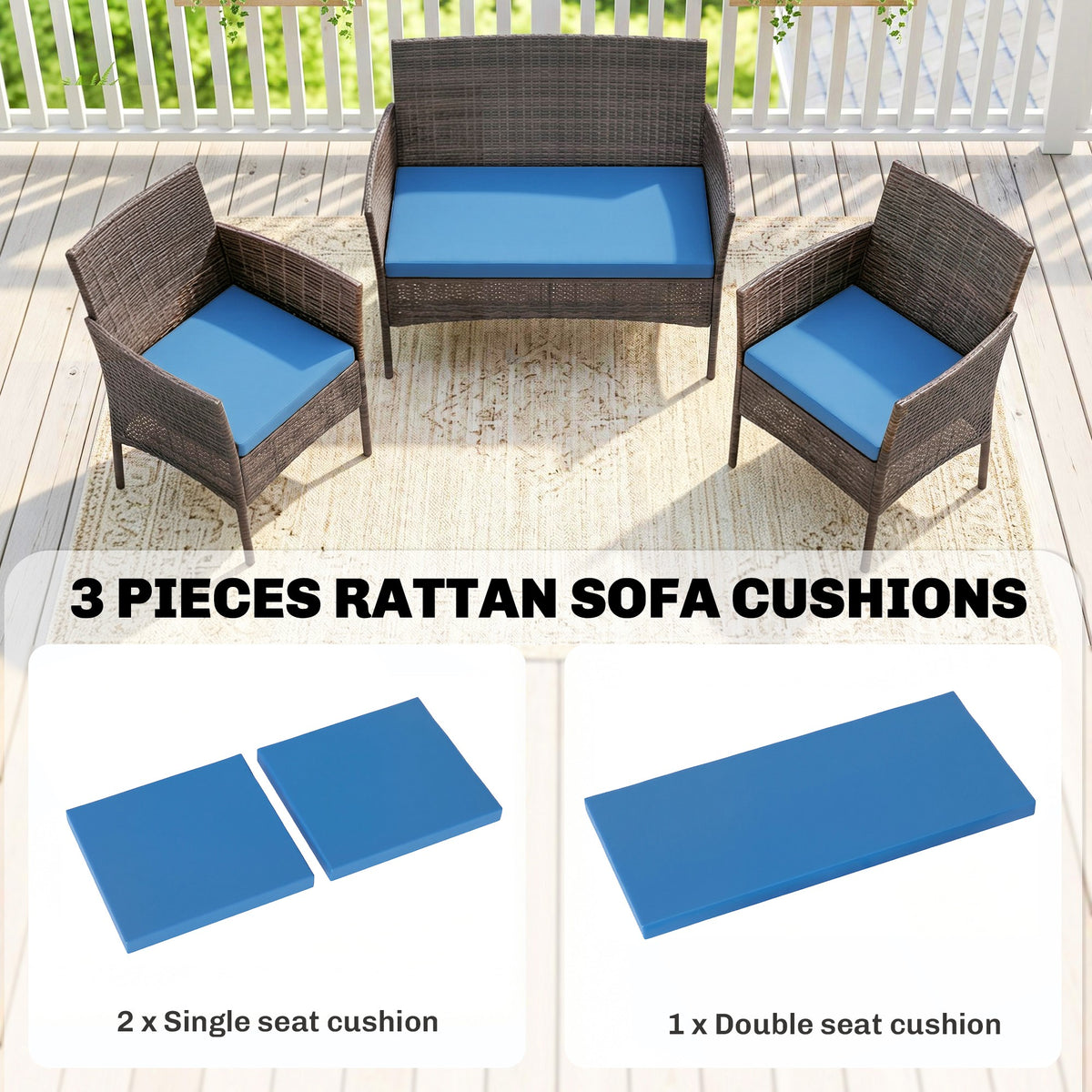 Outsunny Outdoor Seat Cushion Pads for Rattan Furniture, 3 PCs Garden Furniture Cushions,  Sky Blue