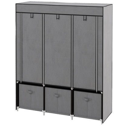 HOMCOM Foldable Fabric Wardrobe for Bedroom, Portable Wardrobe with 5 Shelves, 2 Hanging Rails and 3 Fabric Drawers, Dark Grey