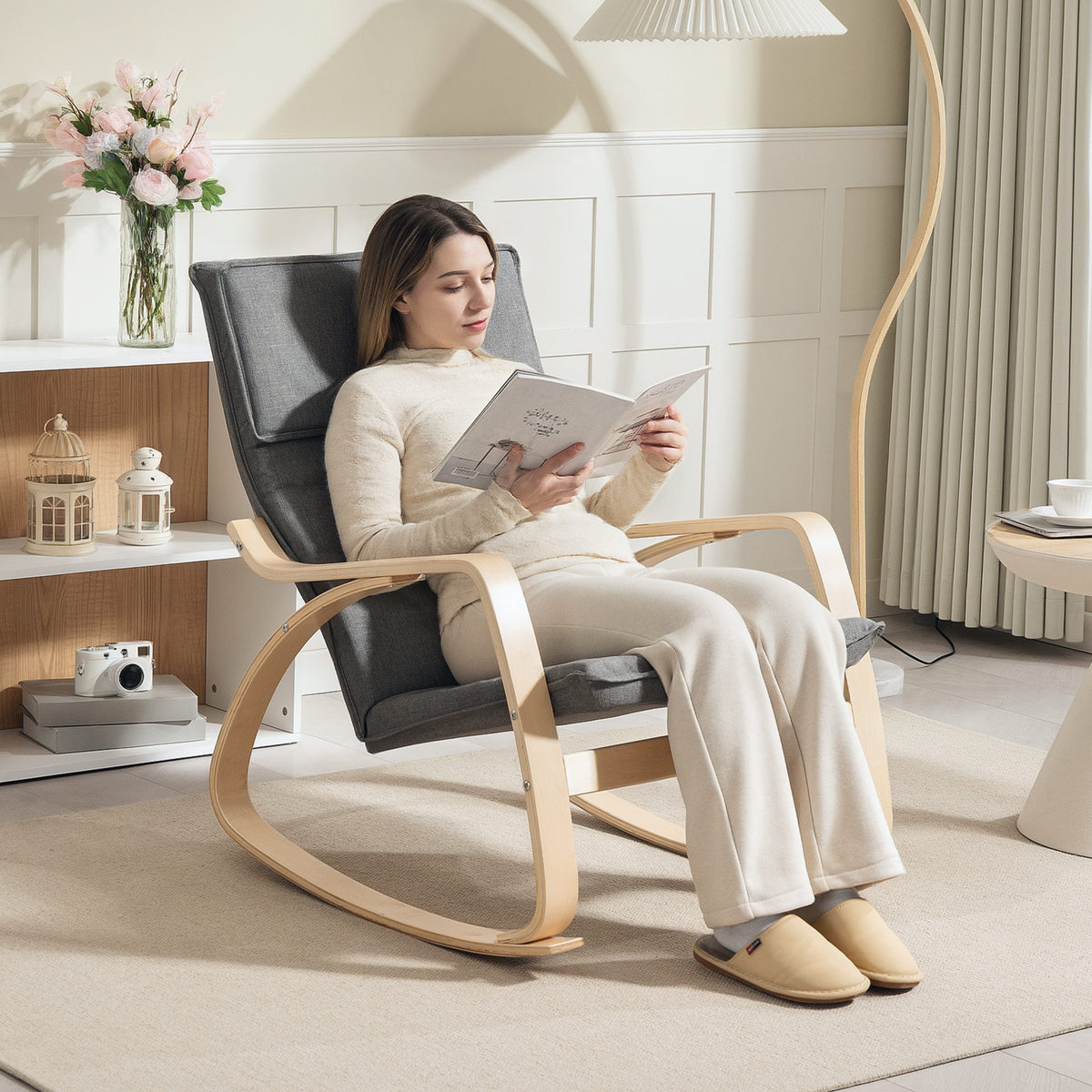 HOMCOM Comfortable Relax Rocking Chair, Upholstered Lounge Chair Recliner with High Back and Headrest for Living Room, Bedroom, Grey