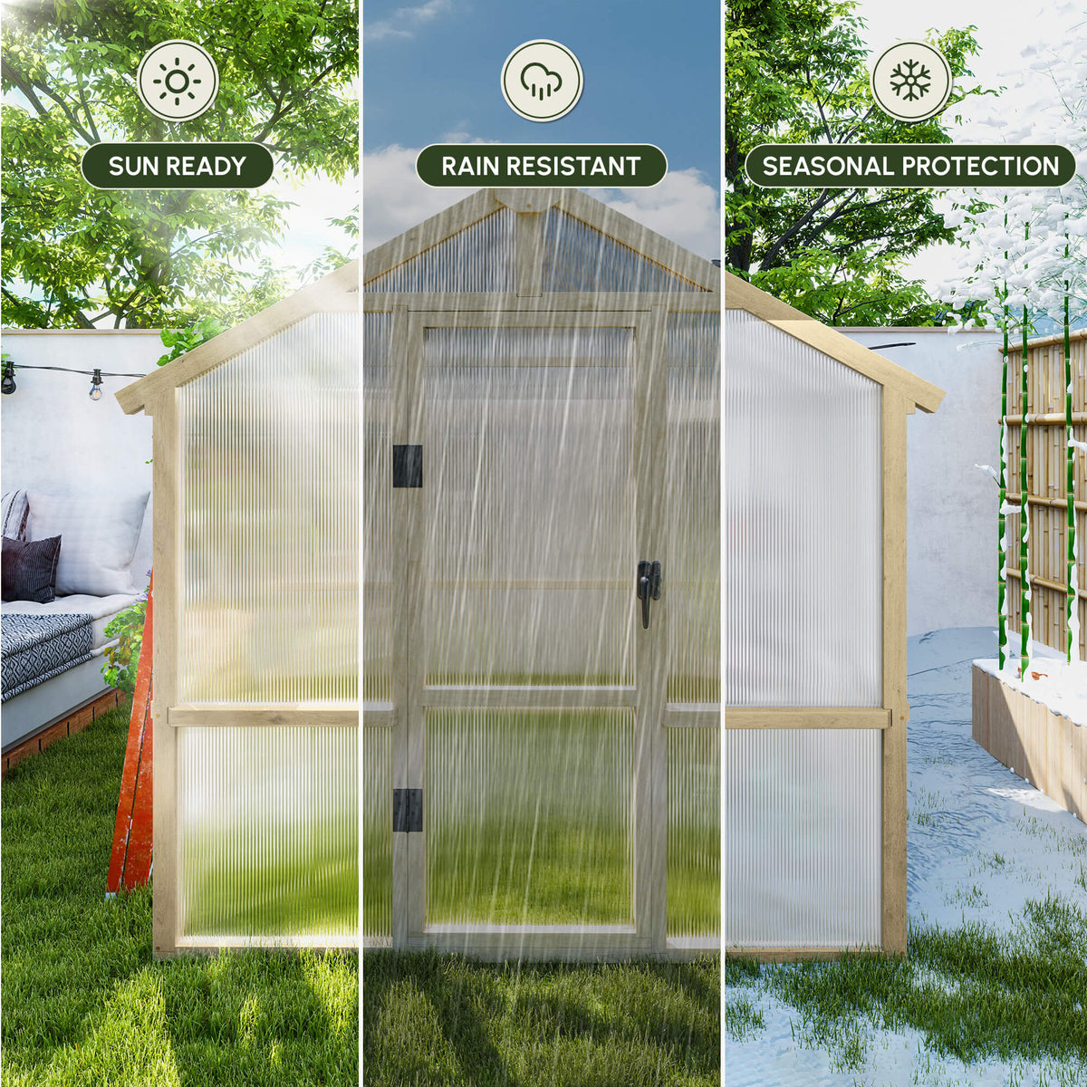 Outsunny 6.6 x 6ft Polycarbonate Greenhouse, Walk-in Wooden Greenhouse with Lockable Door and Window, Brown