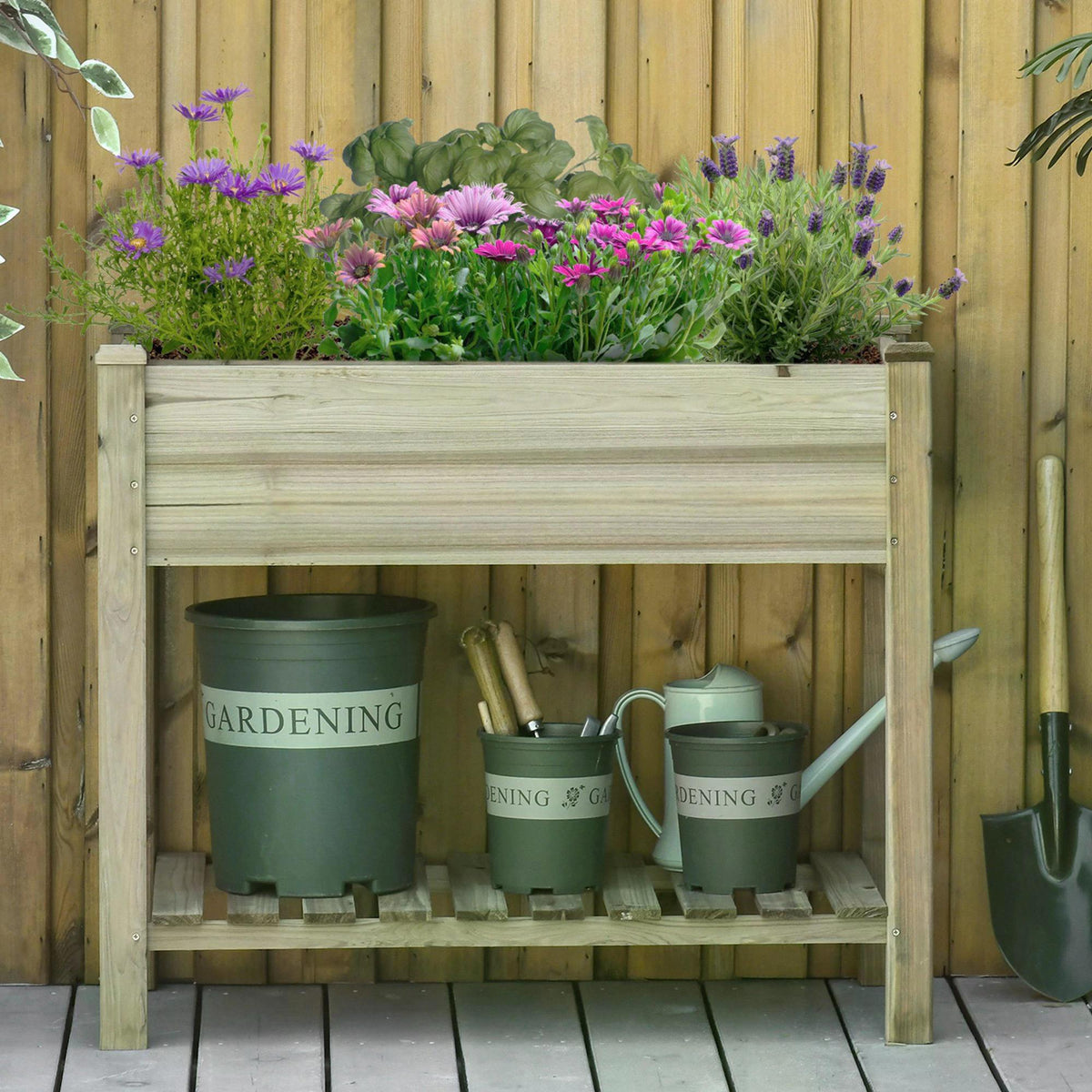 Outsunny Garden Wooden Planters， Raised Garden Bed with Legs and Storage Shelf Elevated Wooden Planter Box