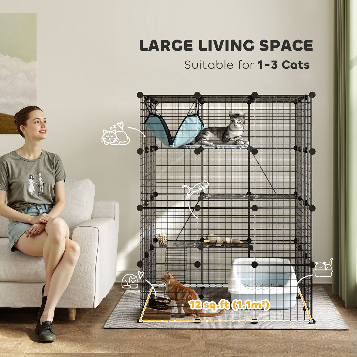 PawHut Steel Wire Cat Cage Indoor with Hammock, Ramps, Doors, DIY Cat Enclosure for 1-3 Cats, Black