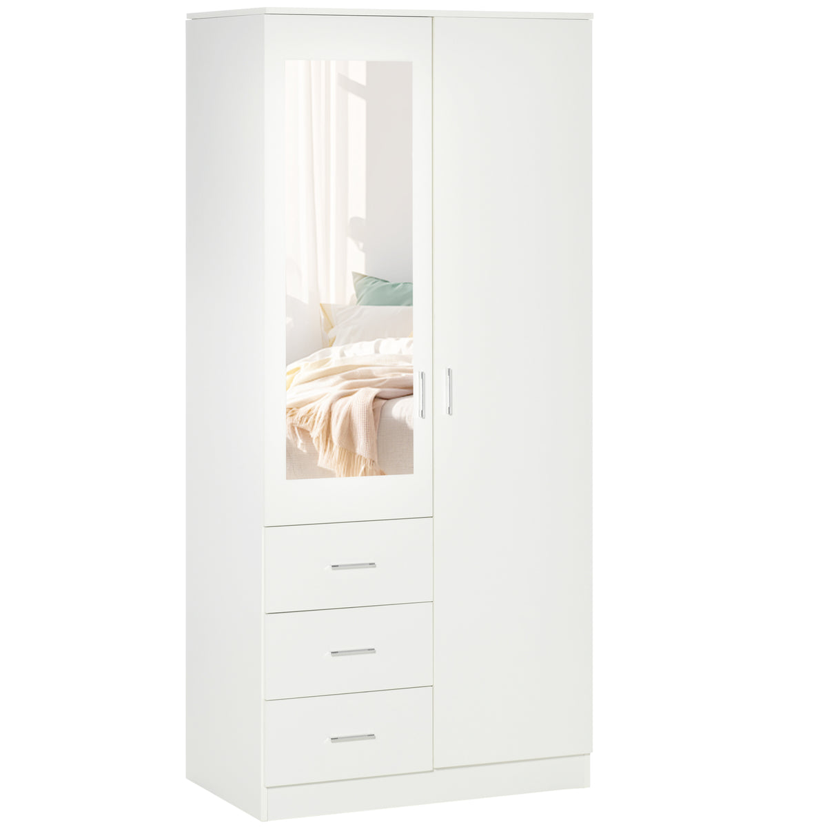 HOMCOM 2 Door 3 Drawer Mirrored Wardrobe with Hanging Rail, Modern Clothes Storage Cupboard with Mirror, Drawers and Adjustable Shelves for Bedroom, 80 x 50 x 180 cm, White