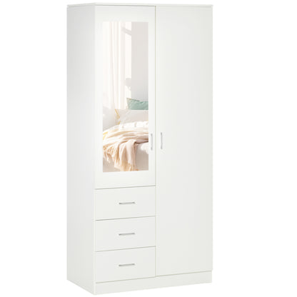 HOMCOM 2 Door 3 Drawer Mirrored Wardrobe with Hanging Rail, Modern Clothes Storage Cupboard with Mirror, Drawers and Adjustable Shelves for Bedroom, 80 x 50 x 180 cm, White
