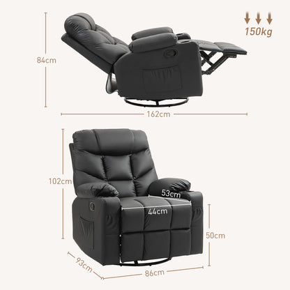 HOMCOM Manual Reclining Chair, Recliner Armchair with Swivel, Faux Leather, Footrest, Cup Holders, 86x93x102cm, Black