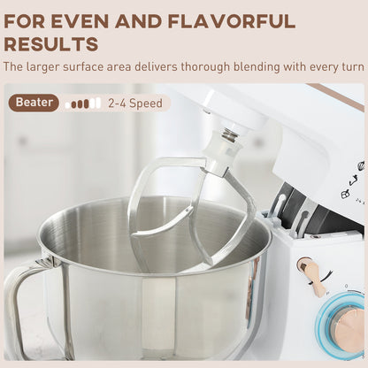 HOMCOM Stand Mixer, 5L Food Mixer for Baking, 6 Speeds and Pulse Setting, 1400W Cake Electric Kitchen Mixer with Dough Hook, Whisk, Stainless Steel Bowl, Splash Guard, Beater, White
