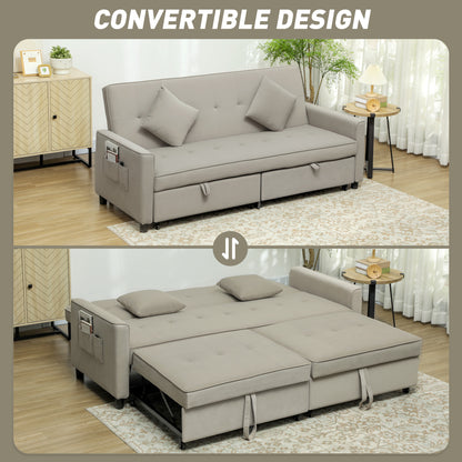 HOMCOM 3 Seater Velvet Sofa Bed, Convertible Pull-Out  Sofa Bed with Adjustable Backrest, Space Saving Living Room Sofa, Beige